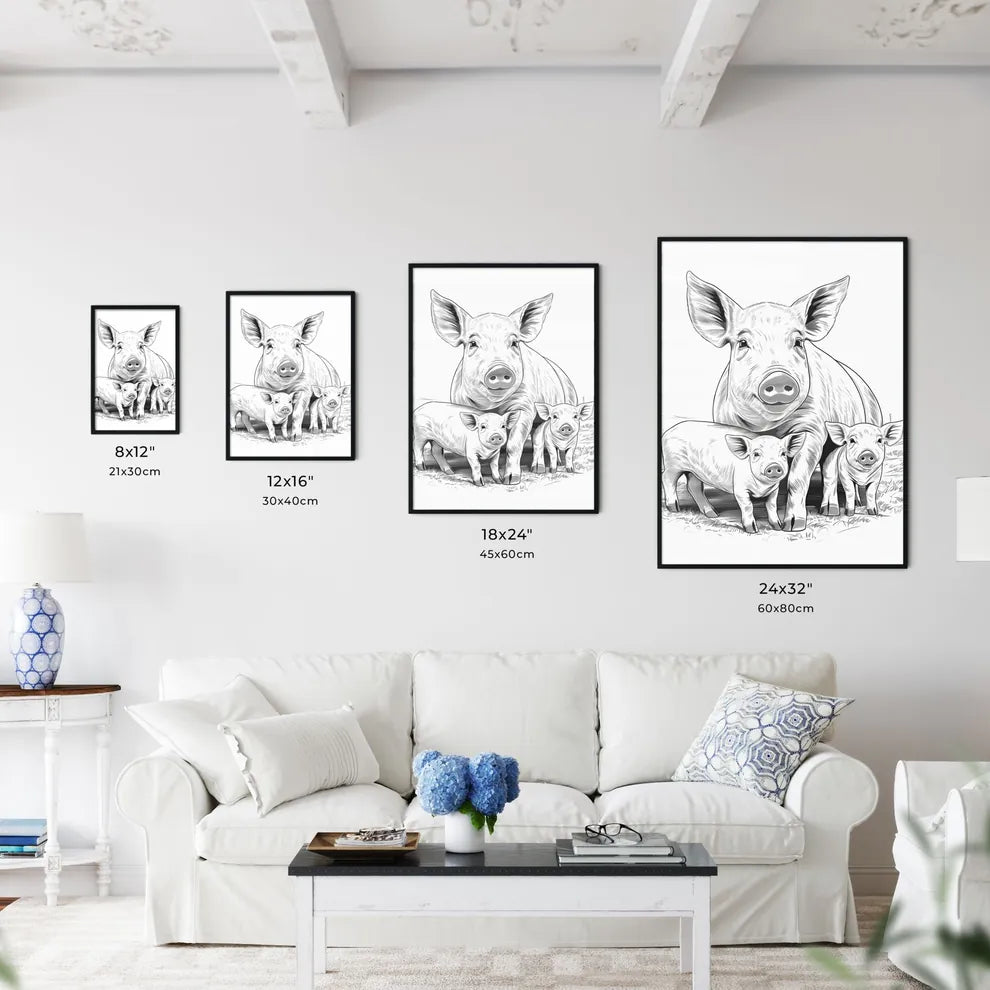 Pig And Piglets Standing Toge Art Print