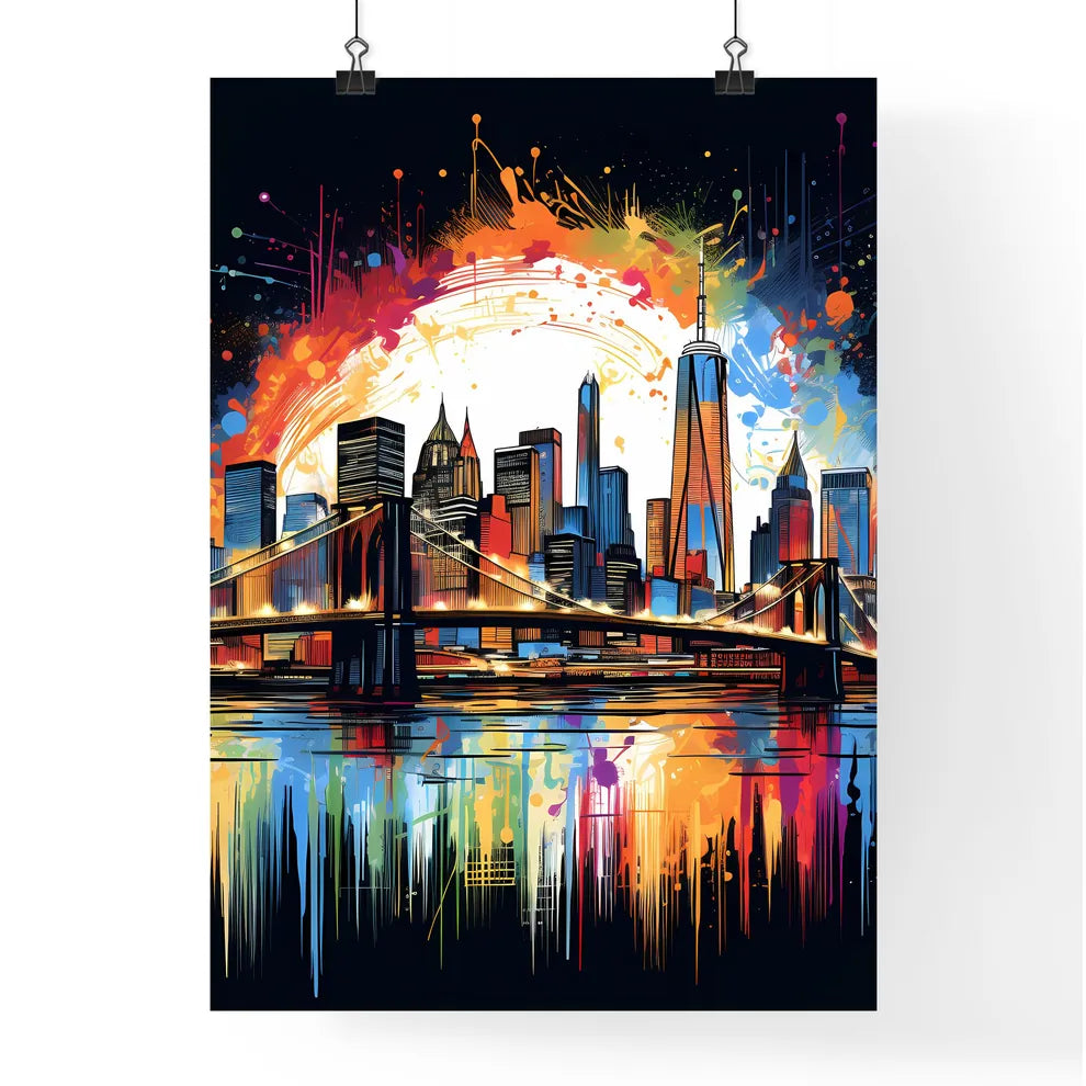 Colorful Painting Of A City With A Bridge And A Sun Art Print Poster