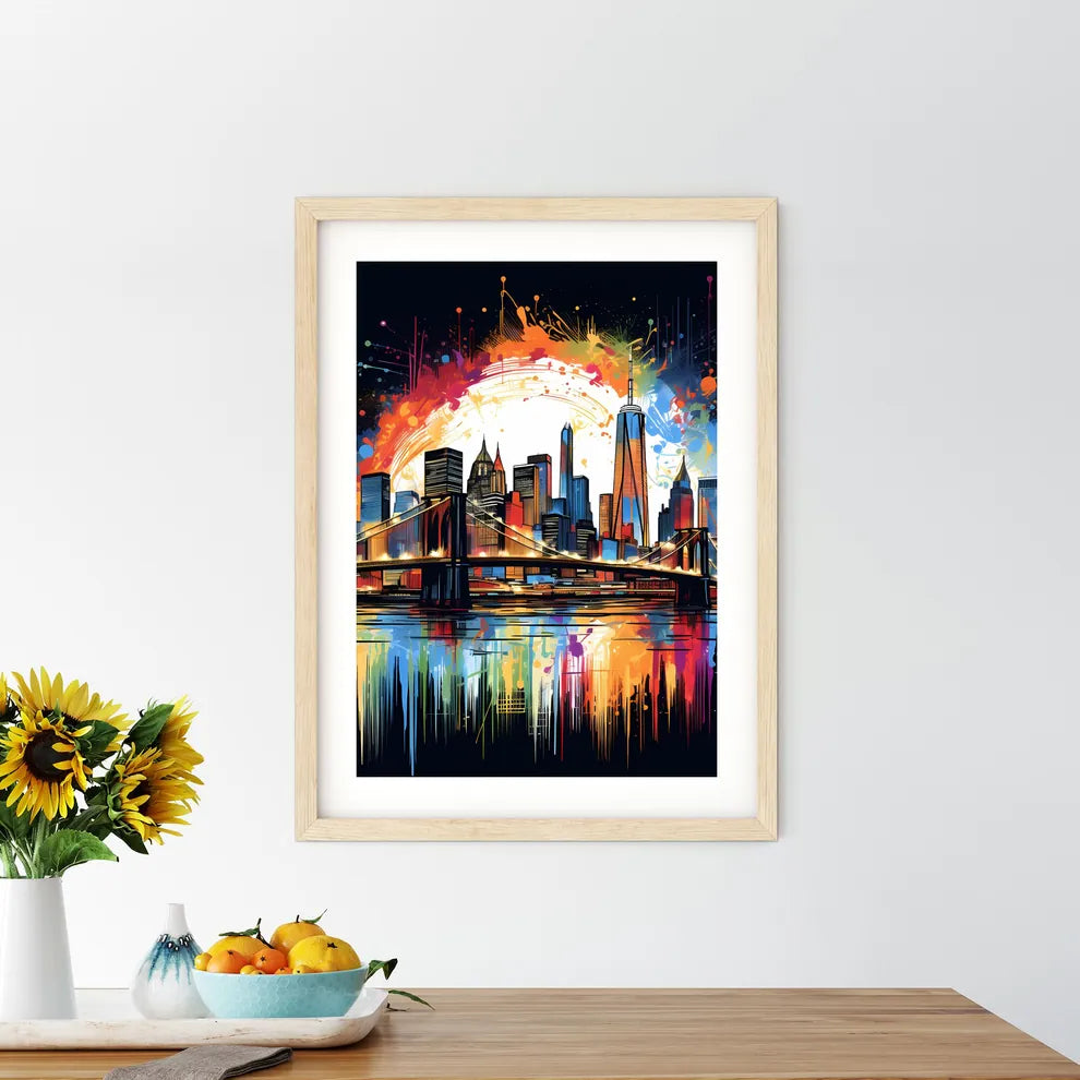 Colorful Painting Of A City With A Bridge And A Sun Art Print Size Chart