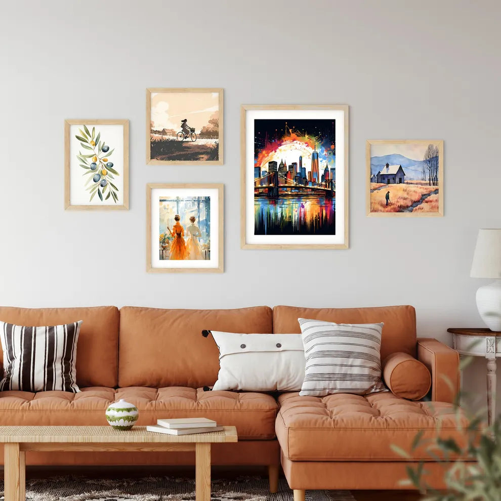 Colorful Painting Of A City With A Bridge And A Sun Art Print Custom Print