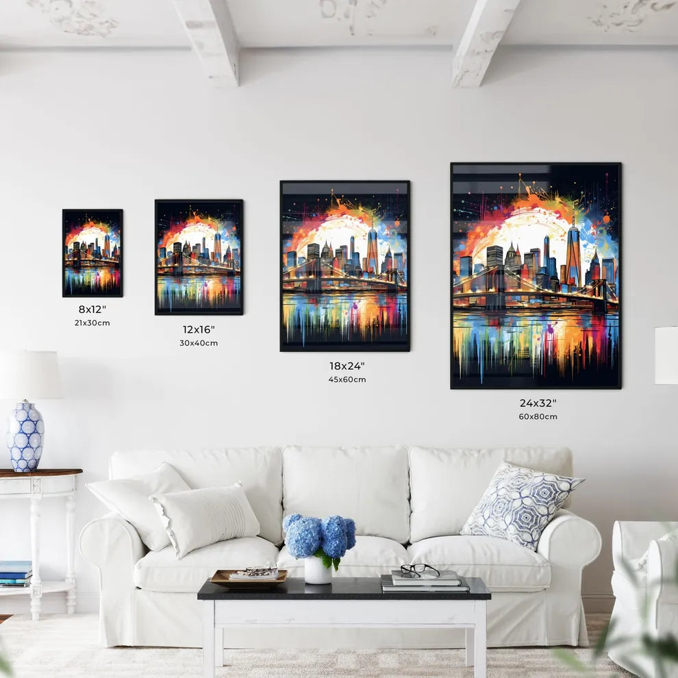 Colorful Painting Of A City With A Bridge And A Sun Art Print Interior Design