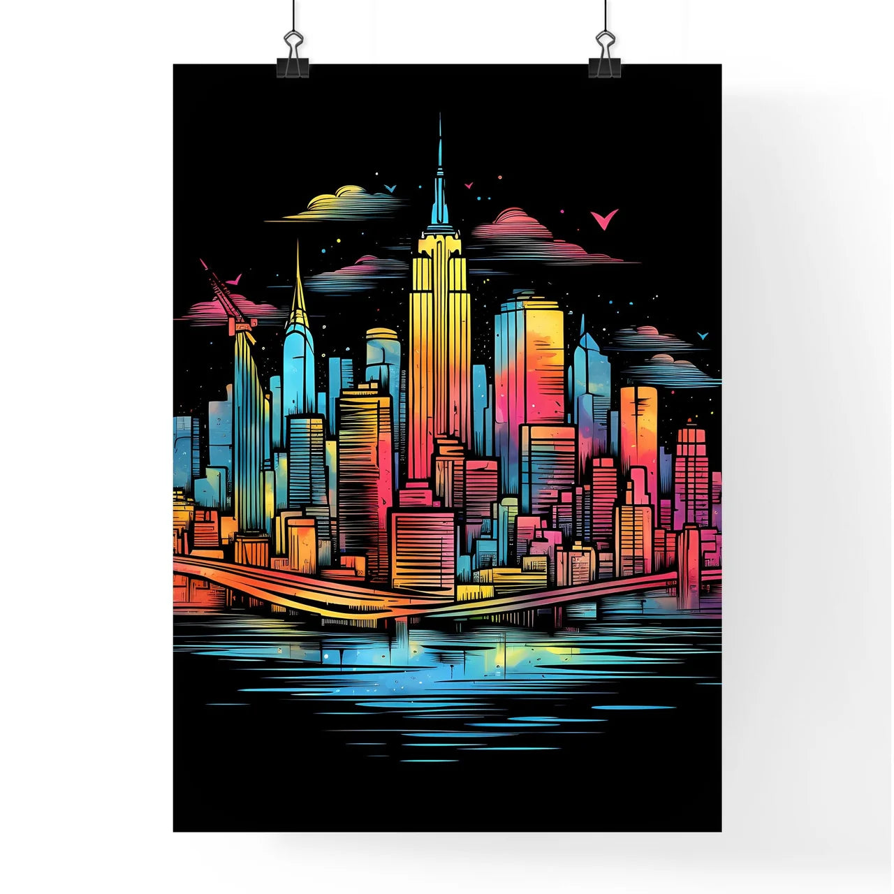 Colorful Cityscape With A Bridge And Birds Art Print Poster