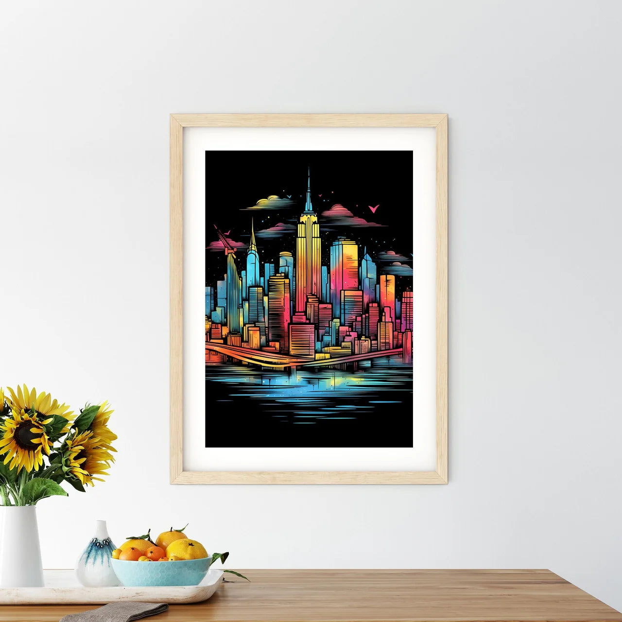 Colorful Cityscape With A Bridge And Birds Art Print Size Chart