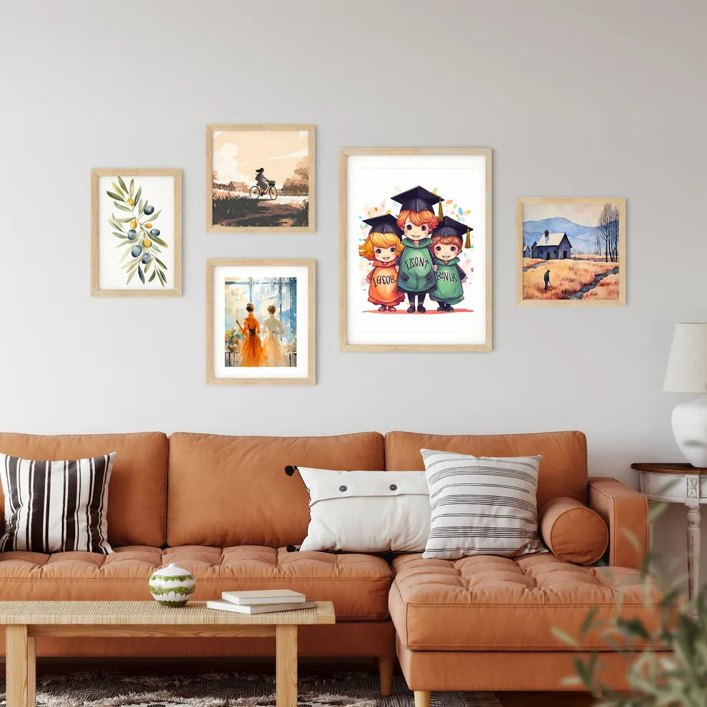 Group Of Cartoon Kids Wearing Graduation Cap Framed Print