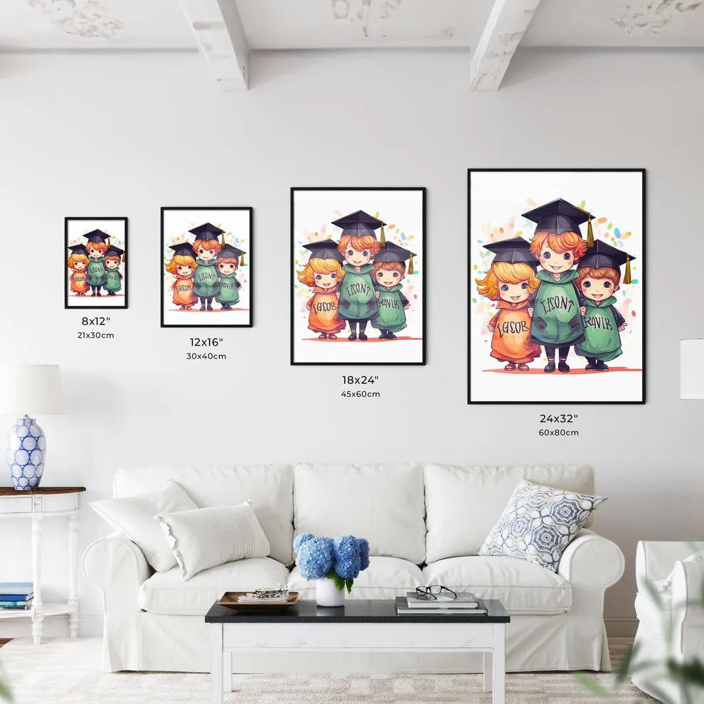 Group Of Cartoon Kids Wearing Graduation Cap Wall Art
