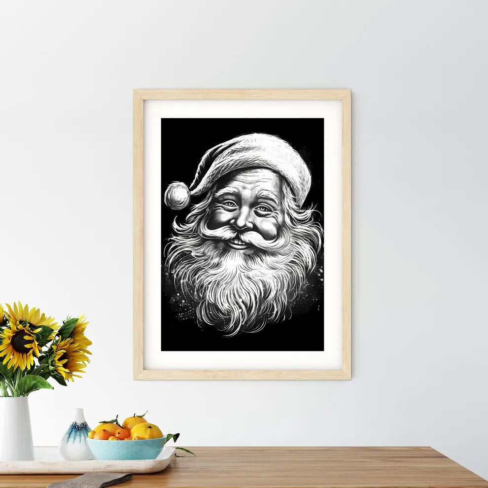 Black And White Drawing Of A Smiling Santa C - Kitchen Hangings