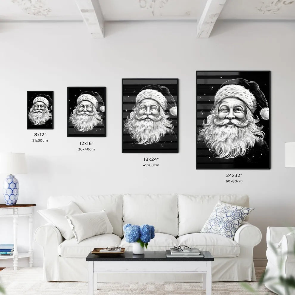 Black And White Drawing Of A Santa Claus Art Wall Art
