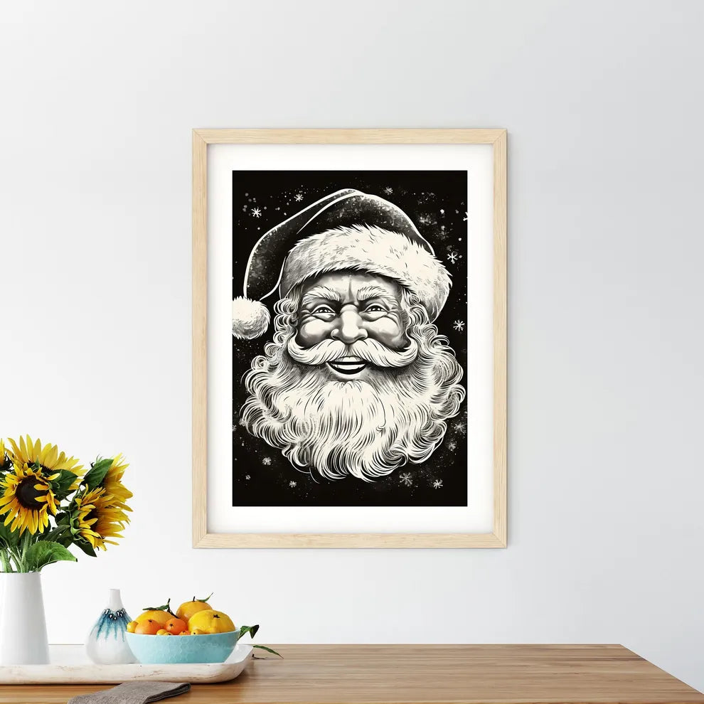 Black And White Drawing Of A Smiling Santa C - Kitchen Hangings
