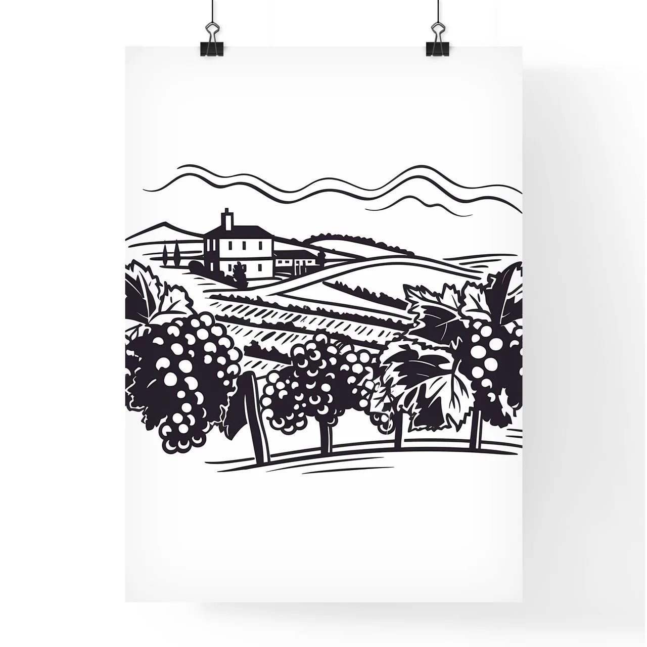 Black And White Drawing Of A Vineyard Art Pr Poster