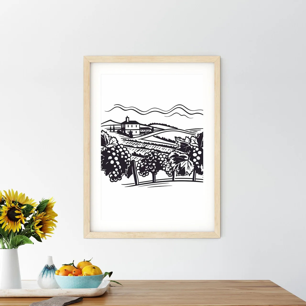 Black And White Drawing Of A Vineyard Art Pr - Kitchen Hangings
