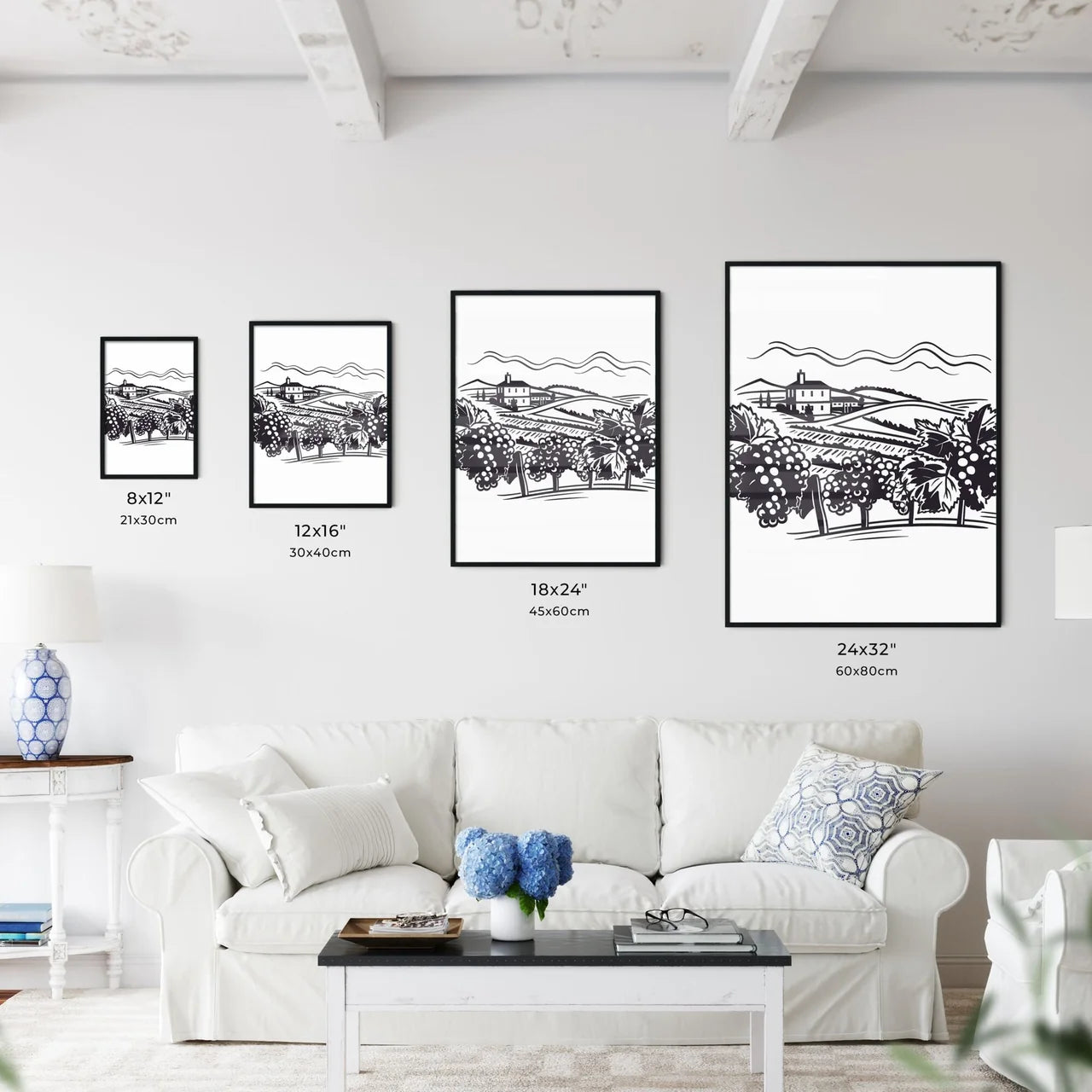 Black And White Drawing Of A Vineyard Art Pr Wall Art