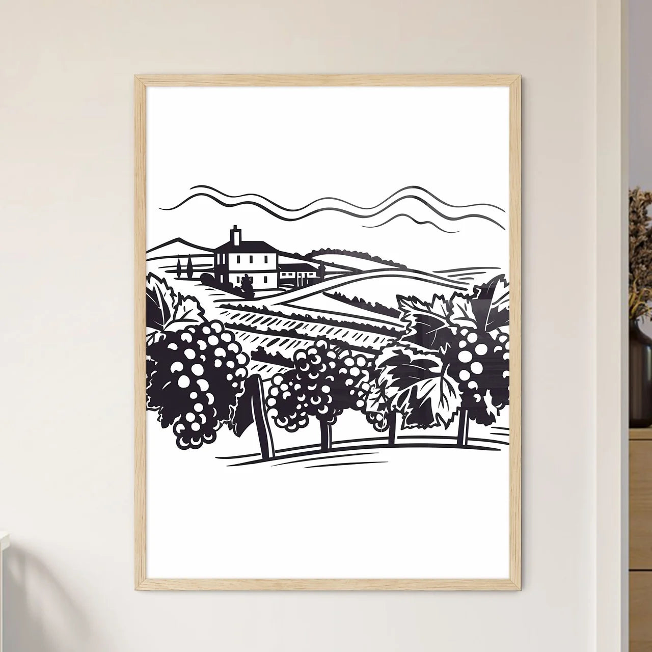 Black And White Drawing Of A Vineyard Art Pr - Framed Art Print