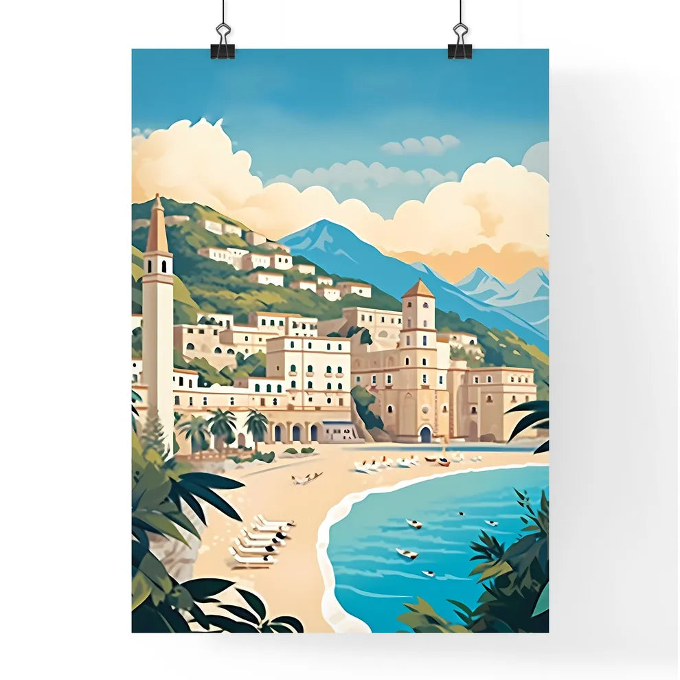 Beach With Buildings And Mountains Art Print Poster