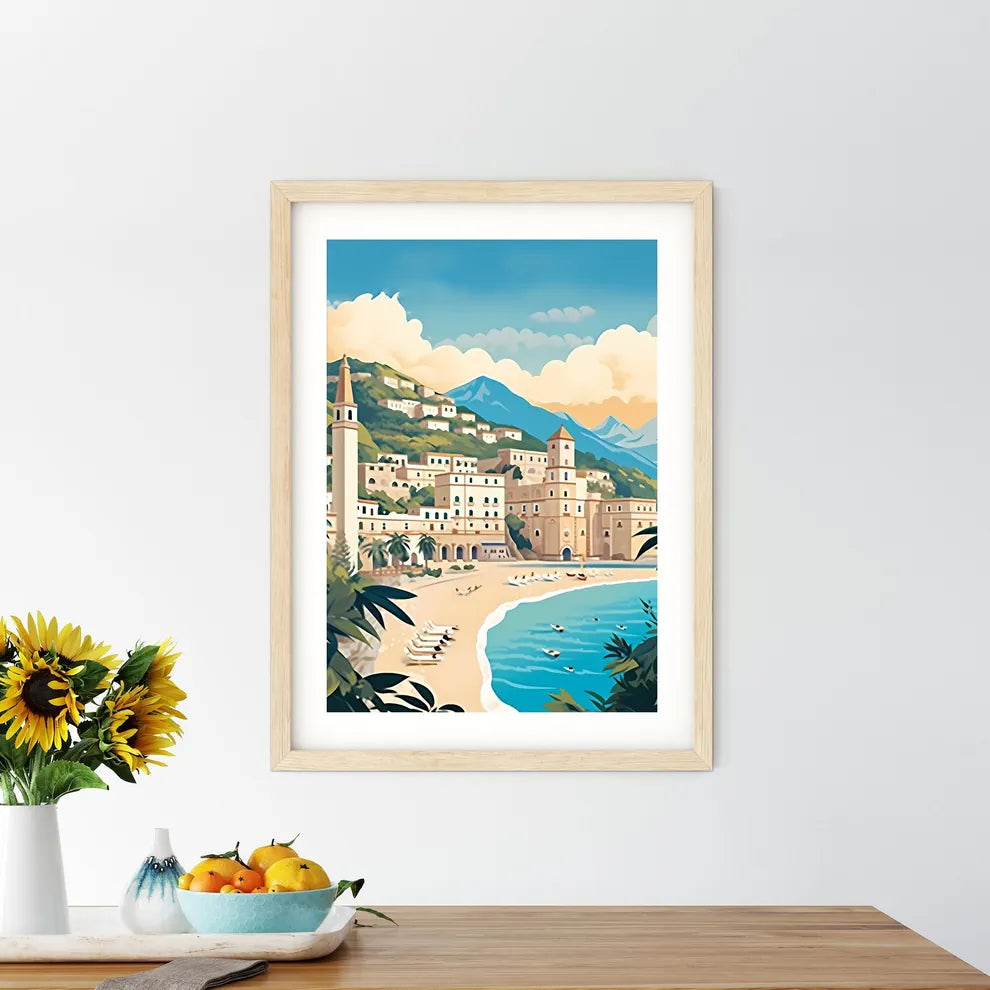 Beach With Buildings And Mountains Art Print Size Chart