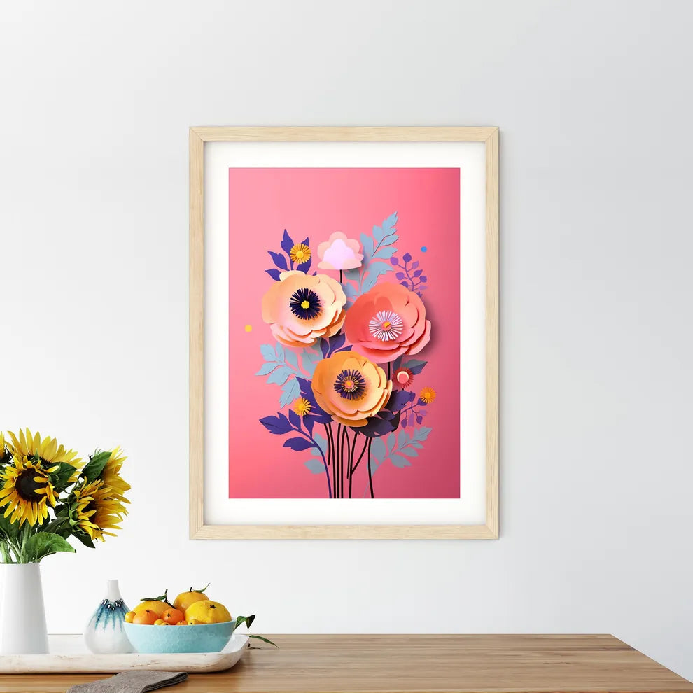 Paper Flowers On A Pink Background Art Prin - Kitchen Hangings