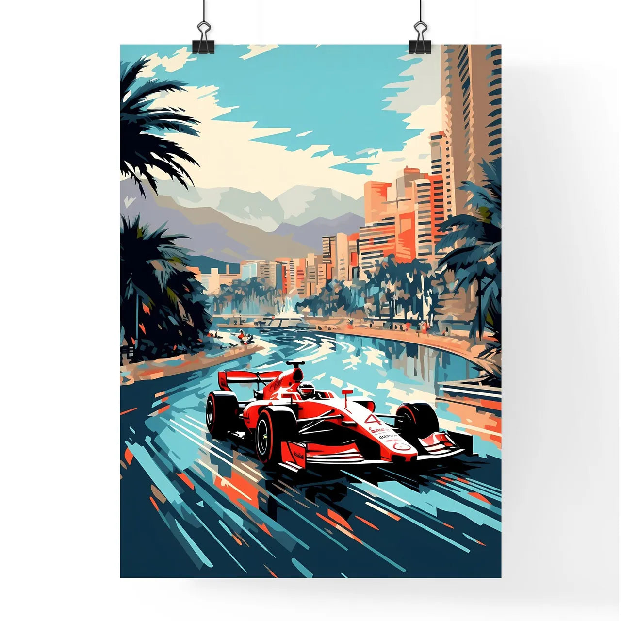 Race Car On A Road With Palm Trees And Mountains In The Background Art Print Poster