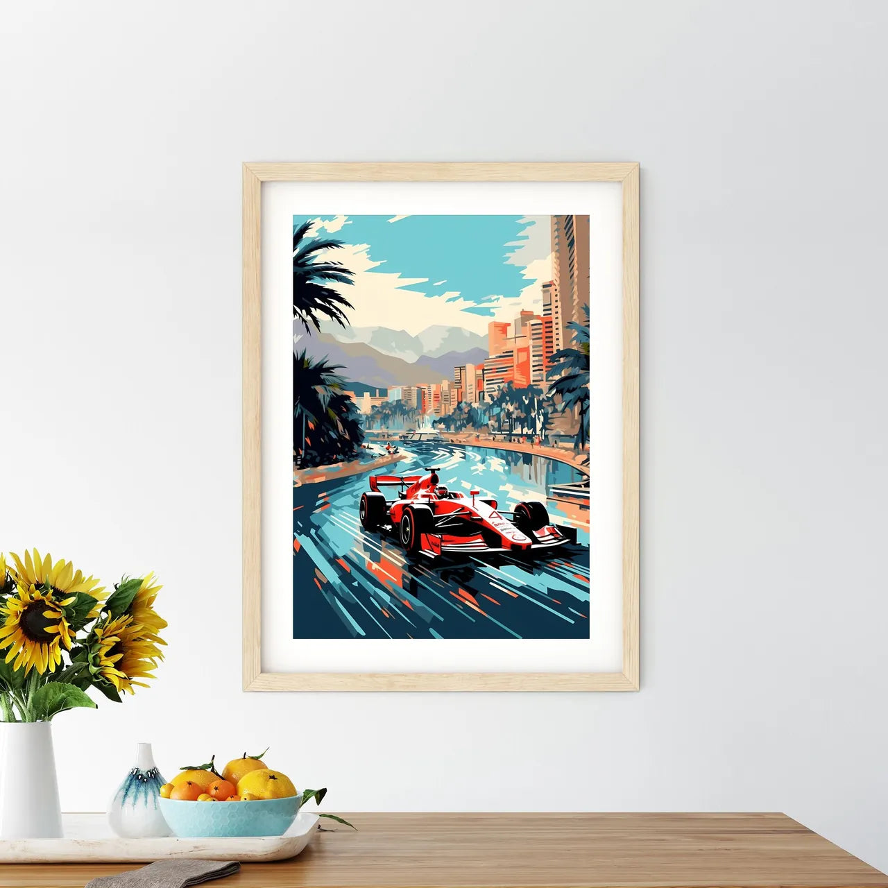 Race Car On A Road With Palm Trees And Mountains In The Background Art Print Size Chart