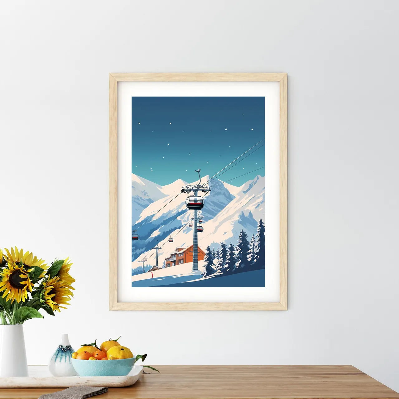 Cable Car In Front Of A Snowy Mountain Art P - Kitchen Hangings