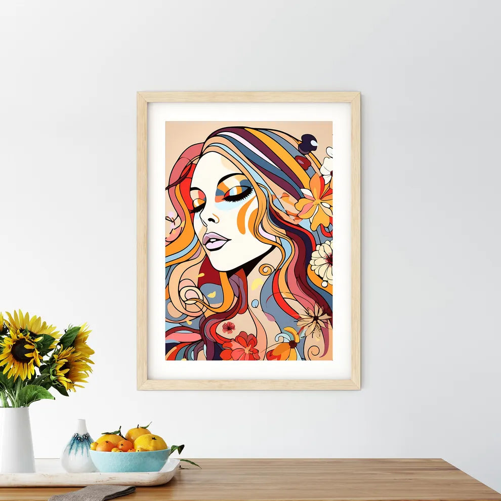 Woman With Colorful Hair And Flowers Art Pri - Kitchen Hangings