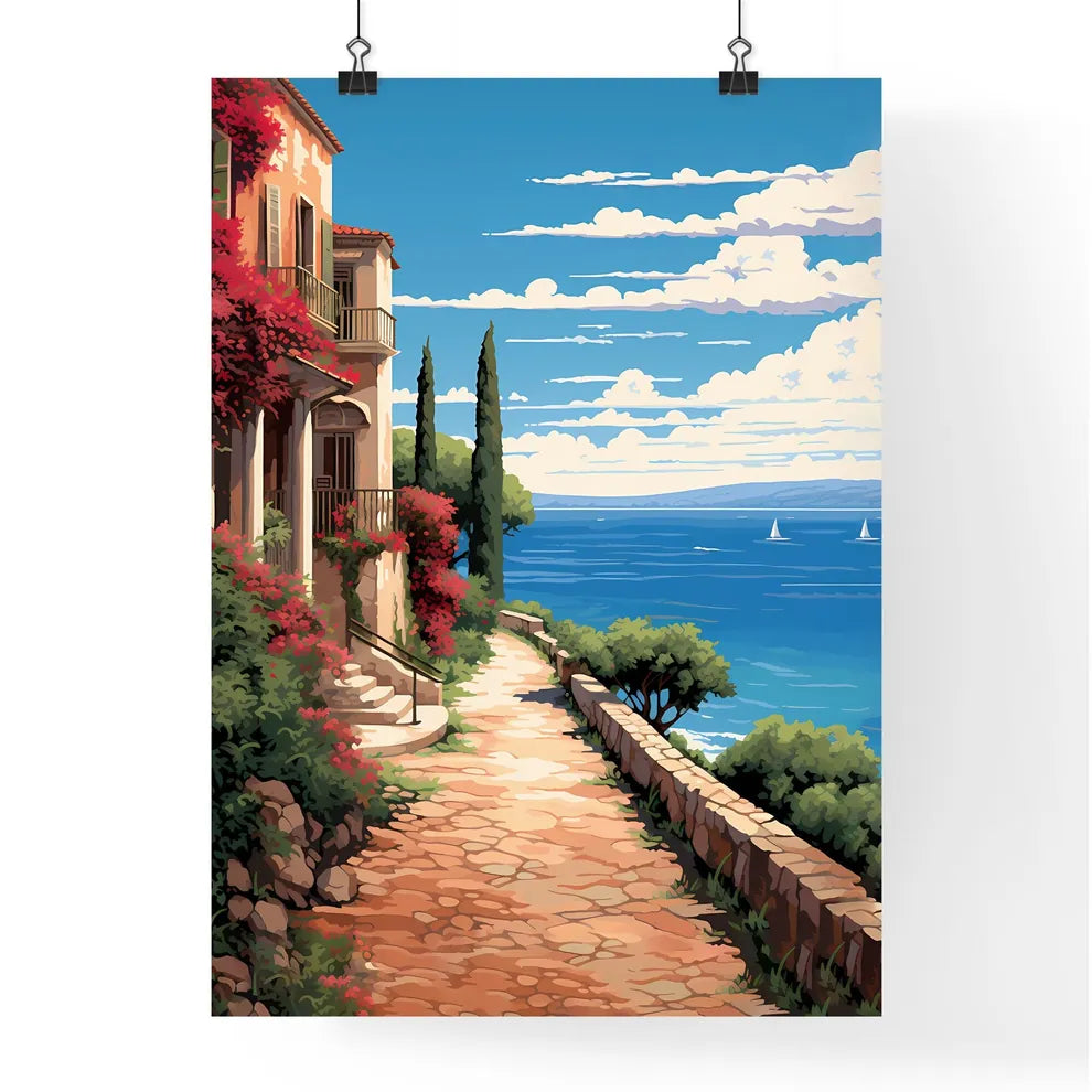 Path With A Building And Trees On It By The Water Art Print Poster