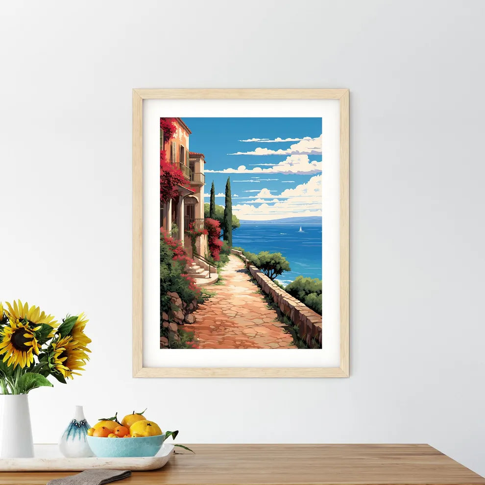 Path With A Building And Trees On It By The Water Art Print Size Chart