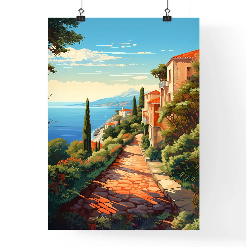 Stone Path With Trees And Buildings On The Side Of It Art Print Poster