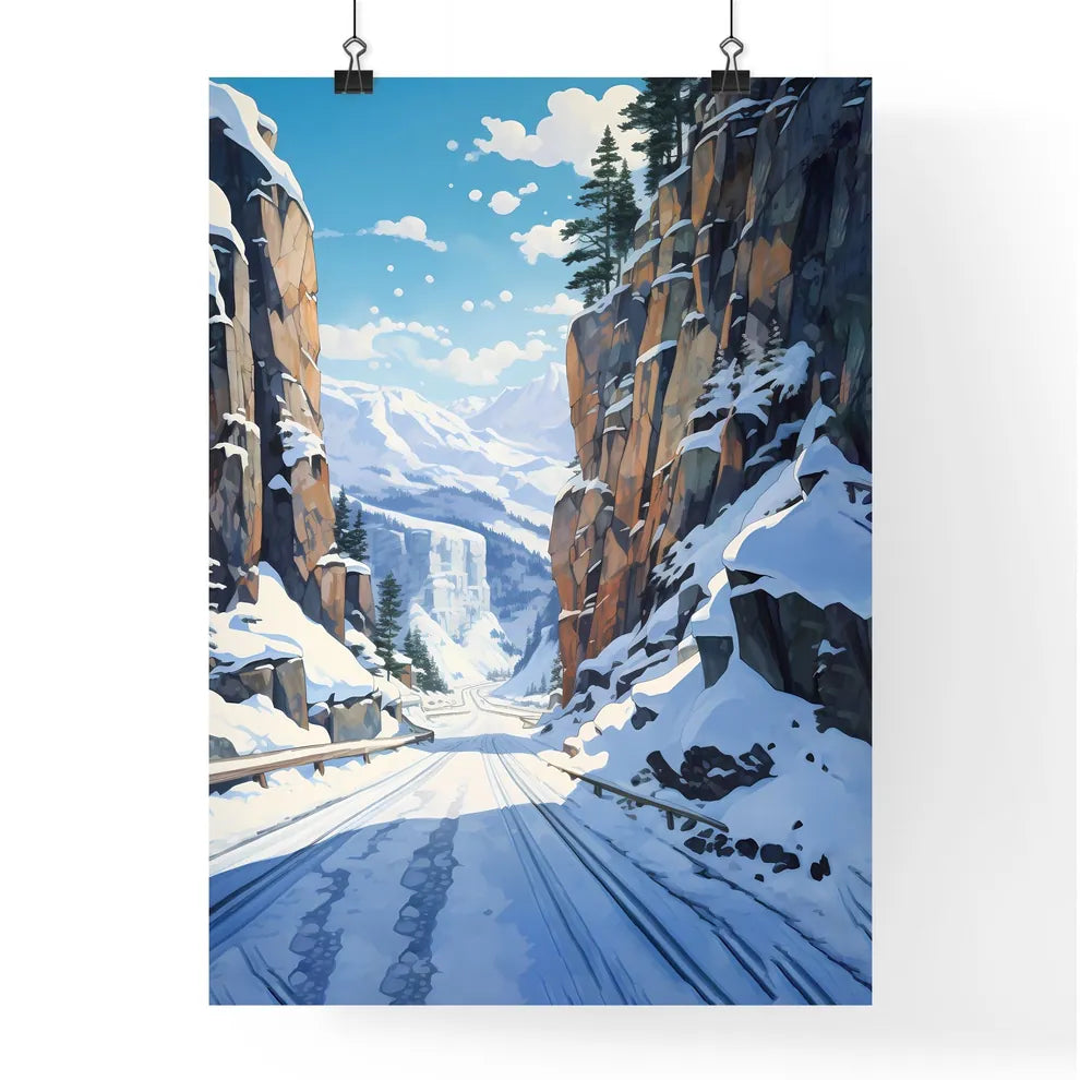 Snowy Mountain Road With Trees And Mountains Poster