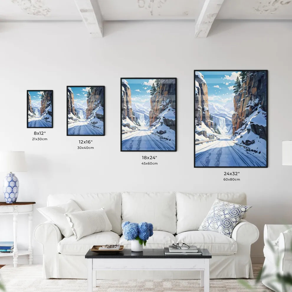 Snowy Mountain Road With Trees And Mountains Wall Art