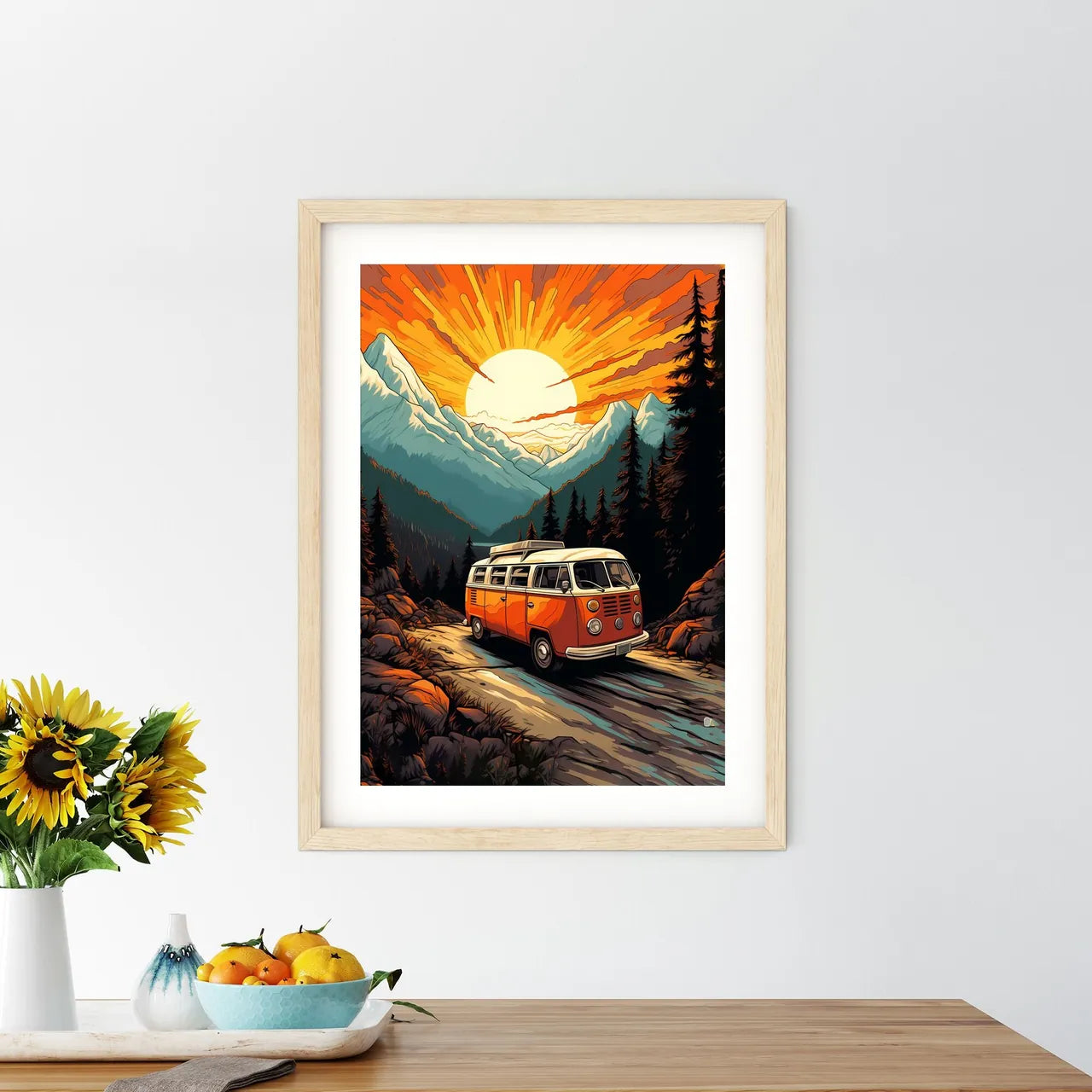 Van On A Road In A Mountain Forest Art Prin - Kitchen Hangings