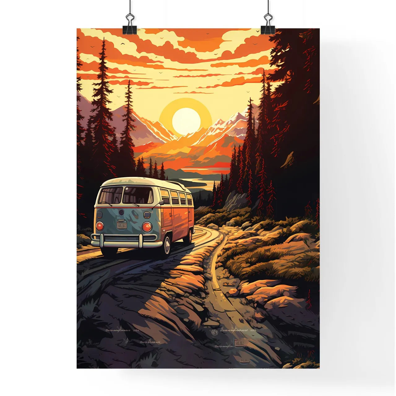 Van On A Road In A Forest Art Prin Poster