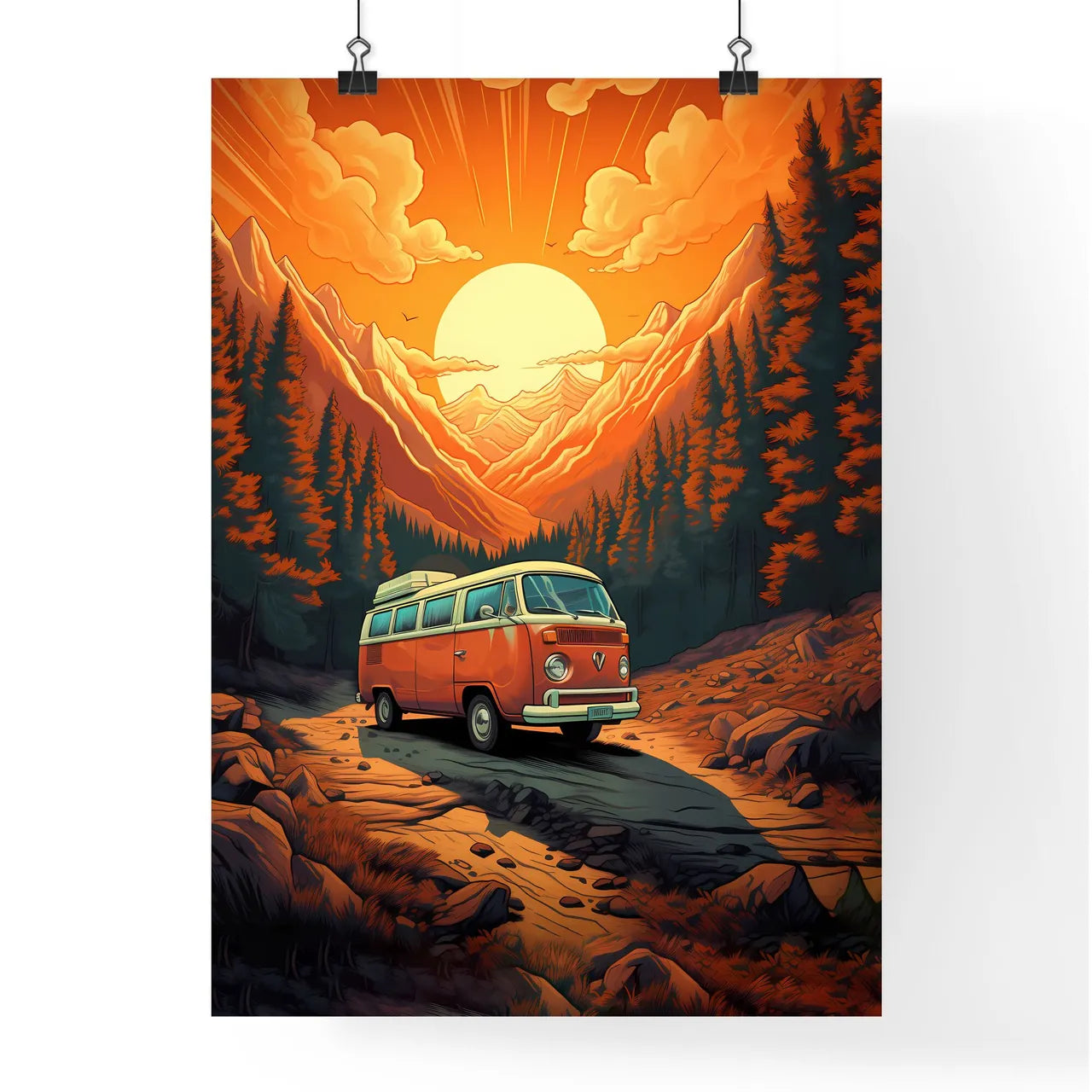 Van On A Road In A Forest Art Prin Poster