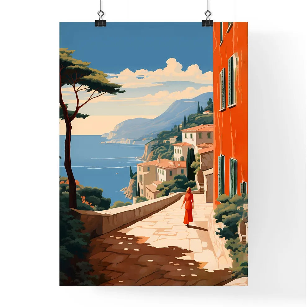 Woman Walking Down A Path By A Body Of Water Art Print Poster
