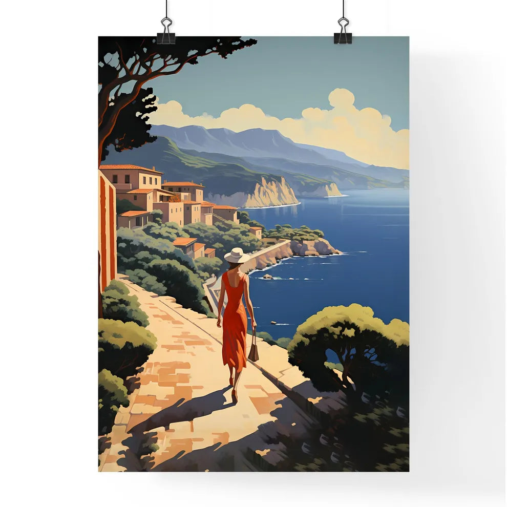 Woman Walking Down A Path By A Body Of Water Poster