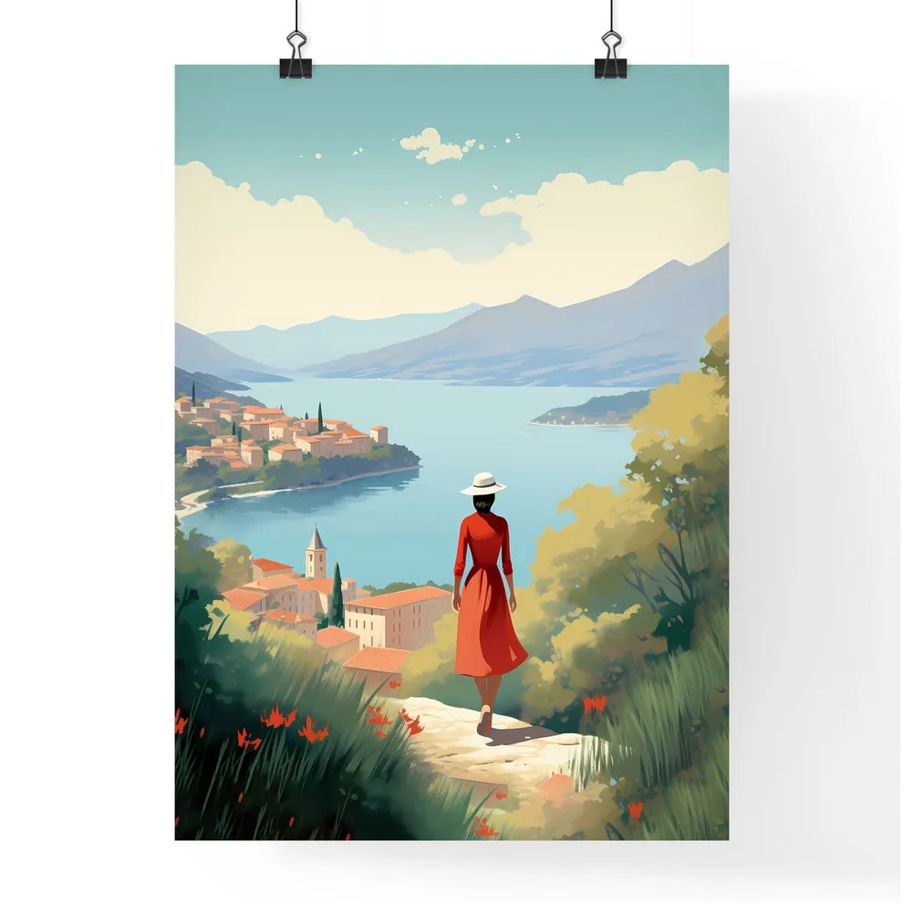 Woman In A Red Dress And Hat Looking At A Ri Poster
