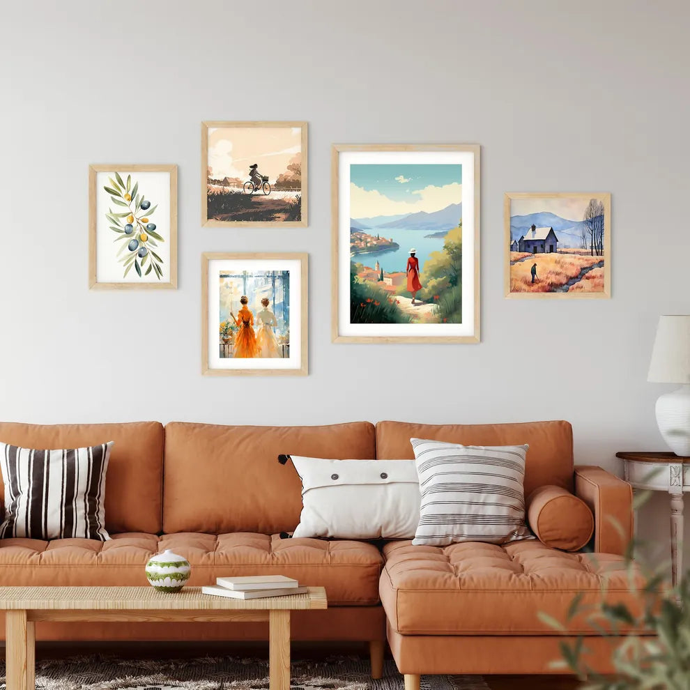 Woman In A Red Dress And Hat Looking At A Ri Framed Print