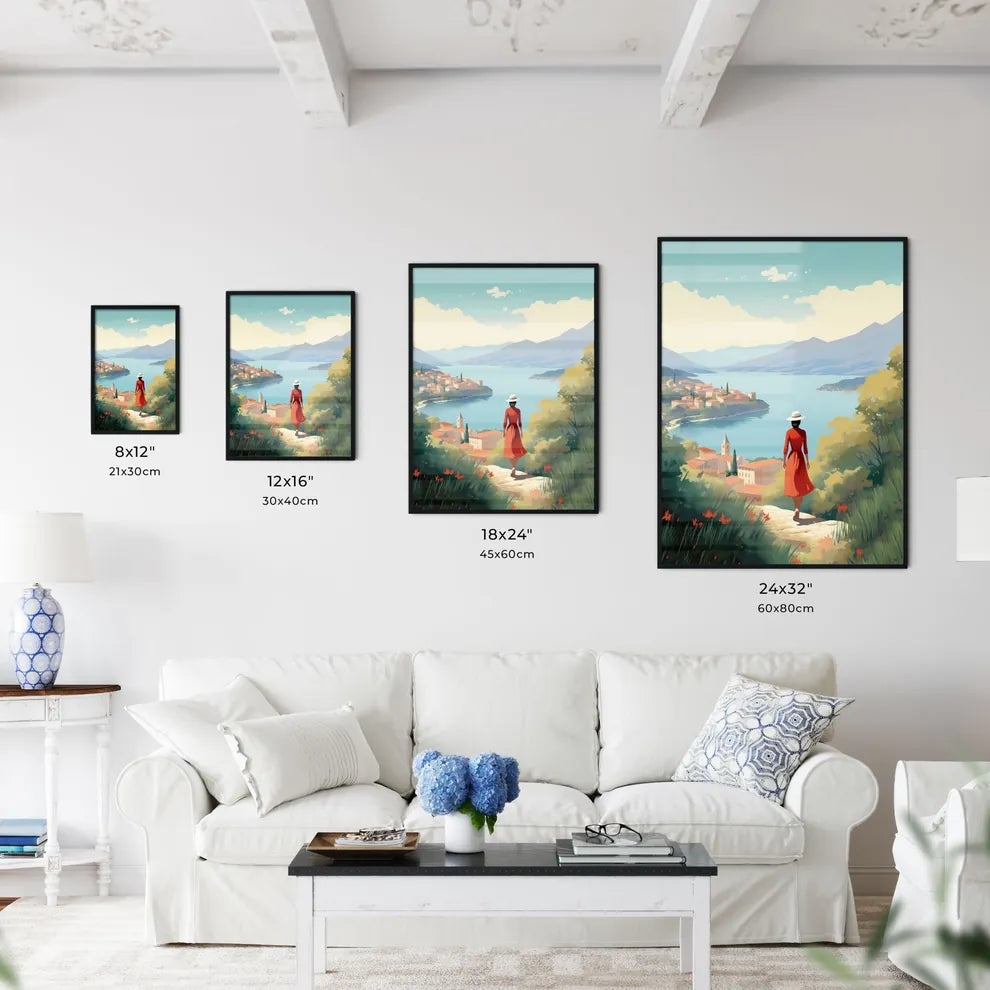 Woman In A Red Dress And Hat Looking At A Ri Wall Art