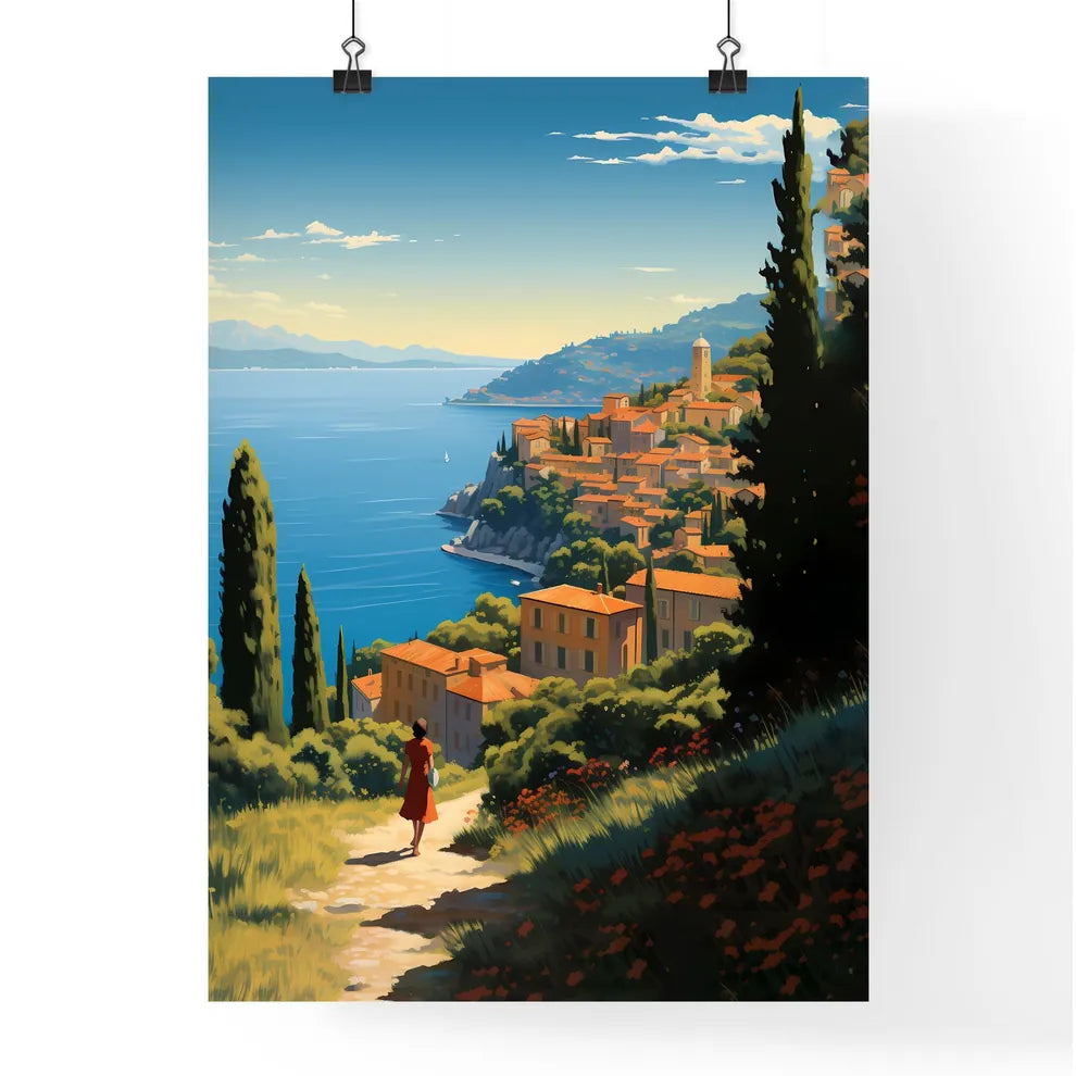 Woman Standing On A Hill Overlooking A Body Of Water Art Print Poster