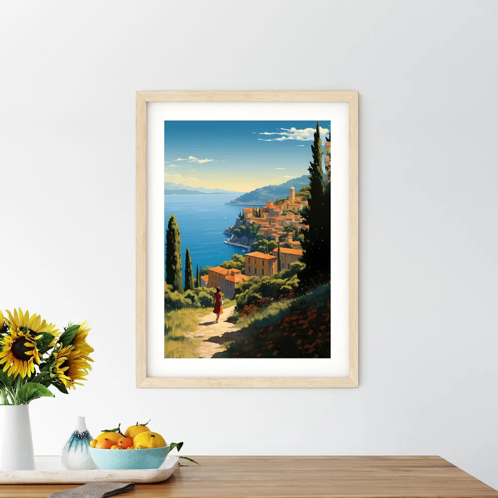 Woman Standing On A Hill Overlooking A Body Of Water Art Print Size Chart