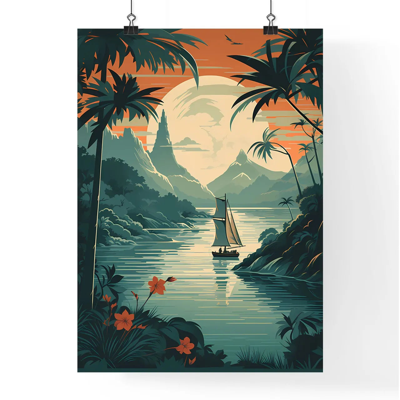 Poster Of A Boat On A Lake With Trees And Mo Poster