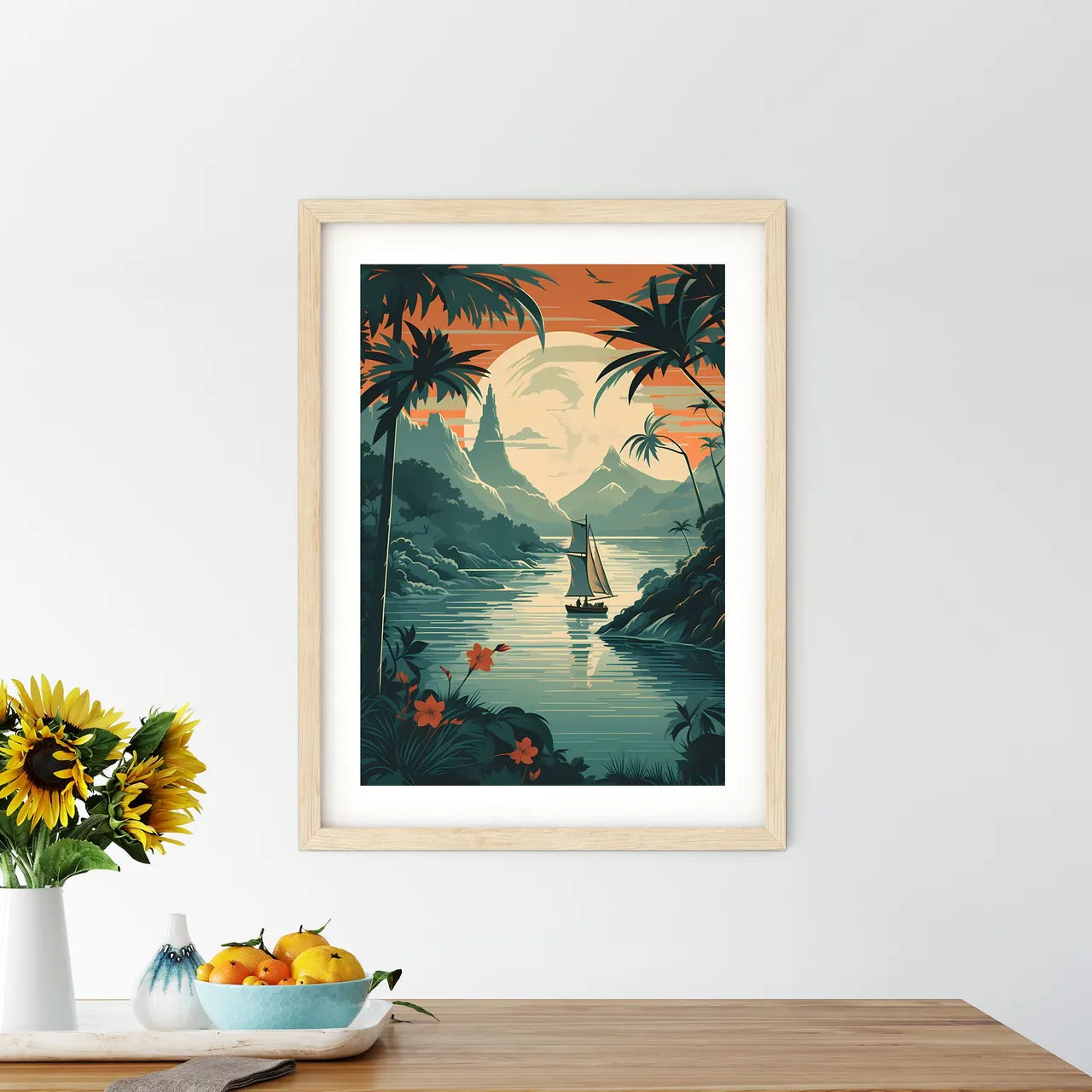 Poster Of A Boat On A Lake With Trees And Mo - Kitchen Hangings