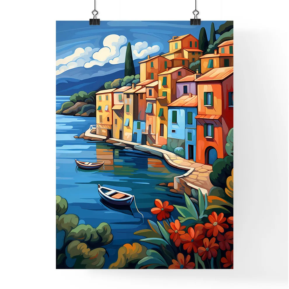 Painting Of A Colorful Town By A Body Of Water Art Print Poster