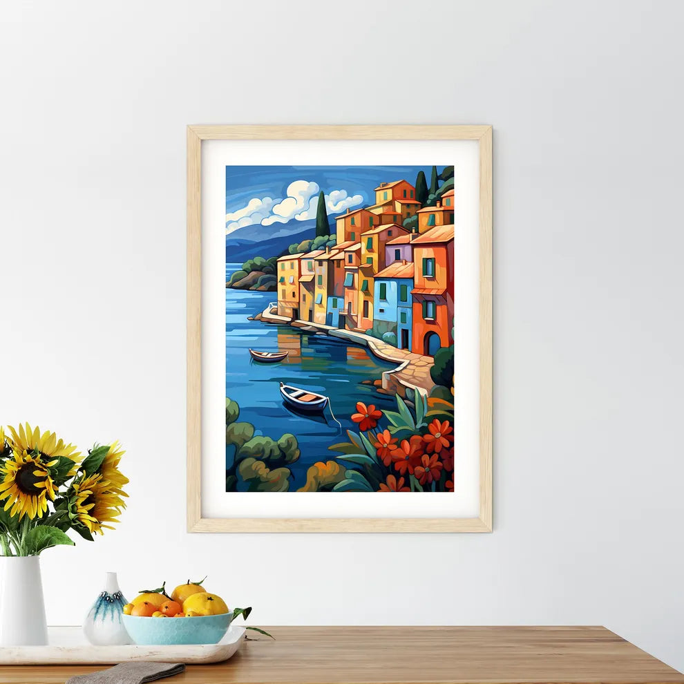 Painting Of A Colorful Town By A Body Of Water Art Print Size Chart