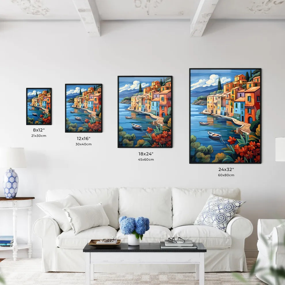 Painting Of A Colorful Town By A Body Of Water Art Print Interior Design