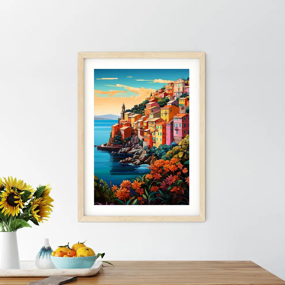 Colorful Buildings On A Hill By The Water With Cinque Terre In The Background Art Print Size Chart