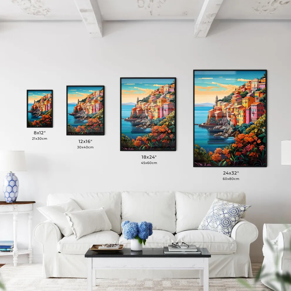 Colorful Buildings On A Hill By The Water With Cinque Terre In The Background Art Print Interior Design