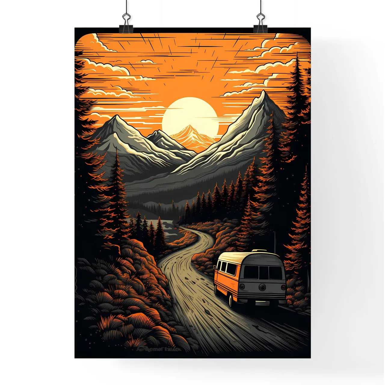 Bus Driving On A Road In A Forest Art Prin Poster