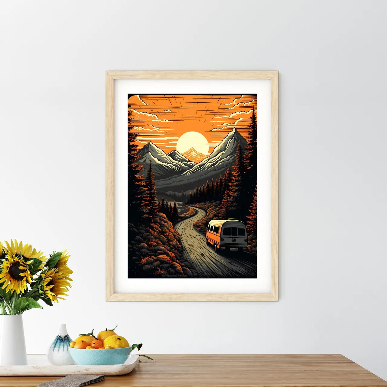 Bus Driving On A Road In A Forest Art Prin - Kitchen Hangings