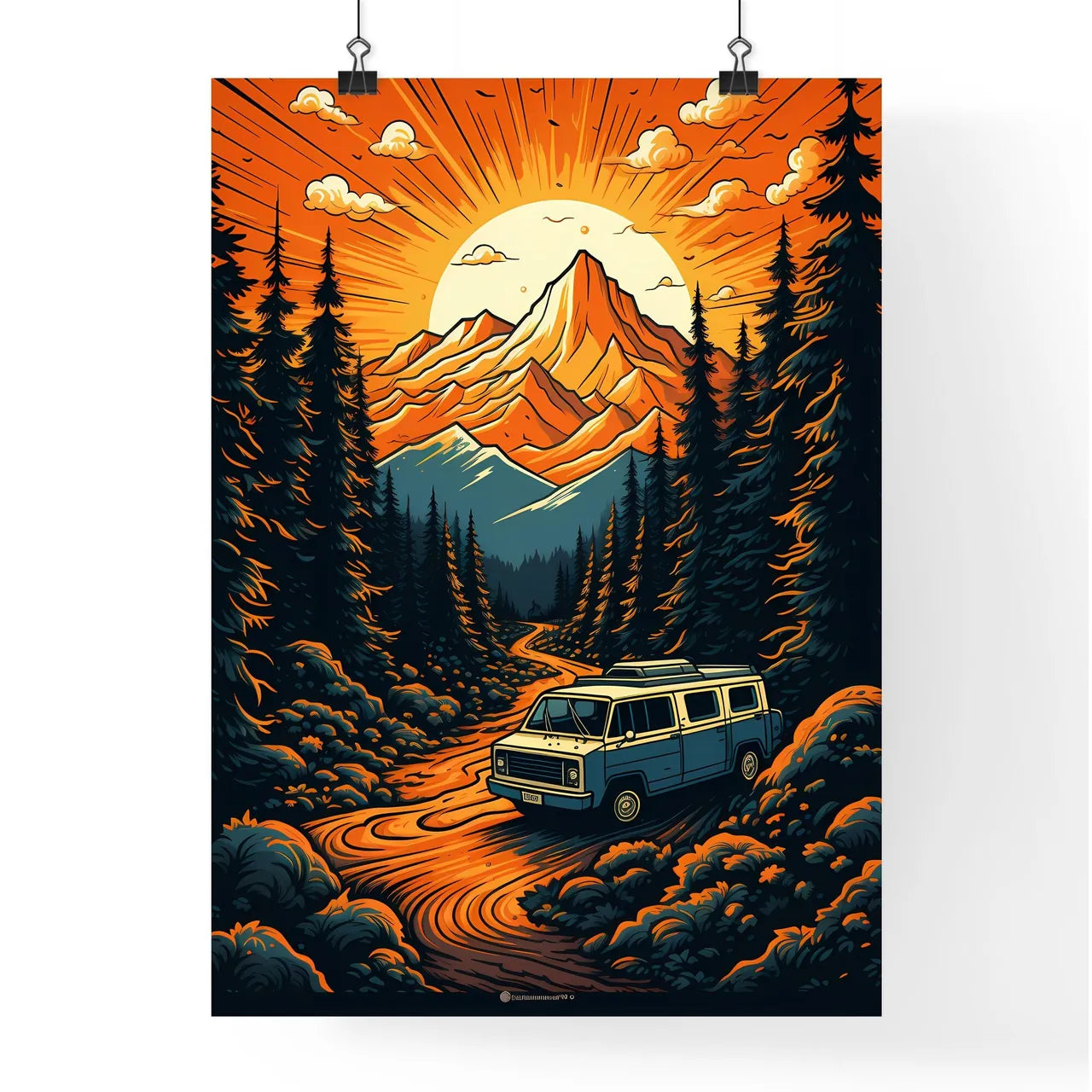 Van Driving Through A Forest Art Prin Poster