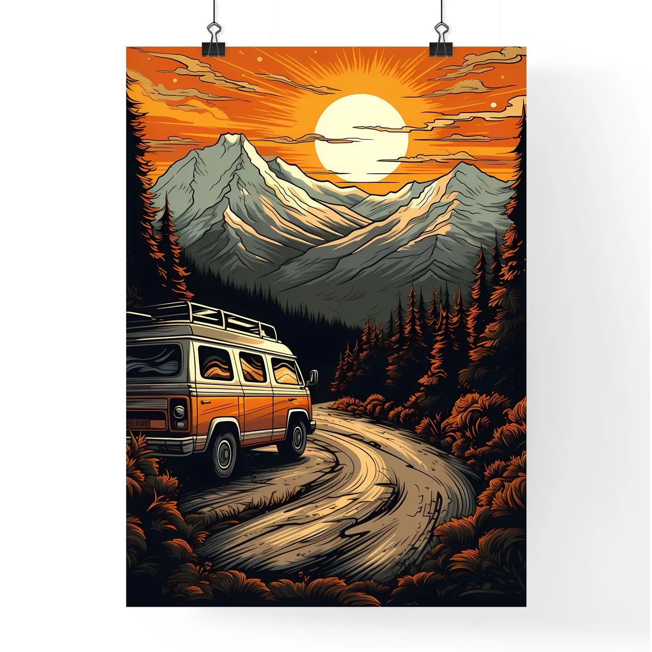 Van Driving On A Road In Front Of Mountains  Poster