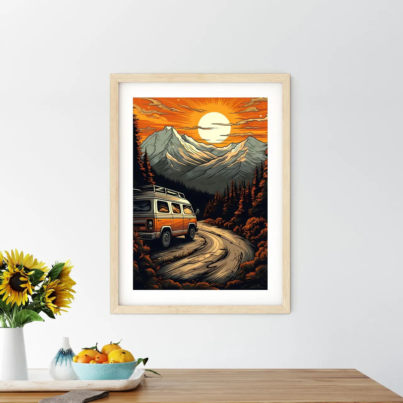 Van Driving On A Road In Front Of Mountains  - Kitchen Hangings